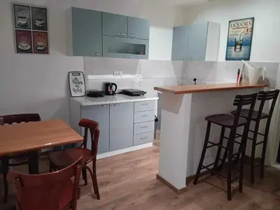 a kitchen with a counter and a table and chairs at Apartman Dimitrijala 52 in Zvezdara