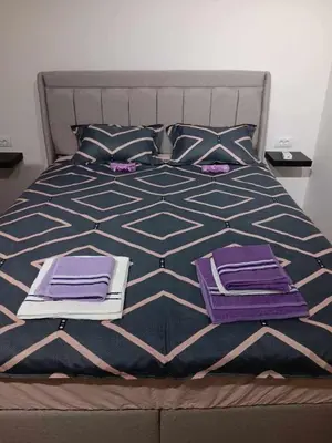 a large bed with purple pillows and purple sheets at Apartman Dimitrijala 52 in Zvezdara