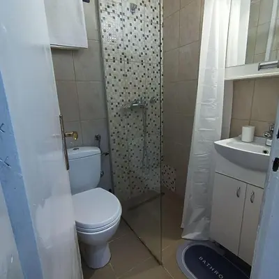 a bathroom with a toilet and a shower and a sink at Fontana cozy apartment near Danube river in Belgrade