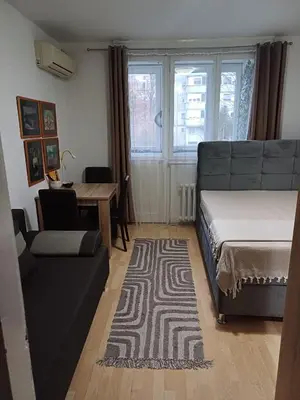 a bedroom with a bed and a table and a couch at Fontana cozy apartment near Danube river in Belgrade