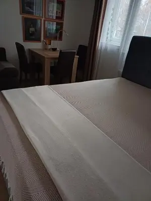 a bed in a room with a table and a window at Fontana cozy apartment near Danube river in Belgrade