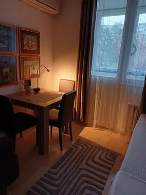 a dining room with a wooden table and a window at Fontana cozy apartment near Danube river in Belgrade