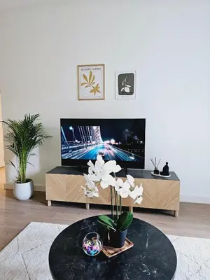a living room with a tv and a table with flowers at ALPHA LUX - Galerija mall view - Beograd na vodi in Belgrade