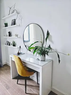 a white desk with a mirror and a chair at ALPHA LUX - Galerija mall view - Beograd na vodi in Belgrade