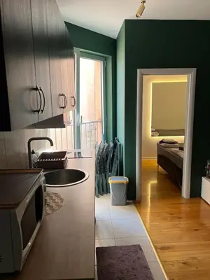 a kitchen with green walls and a bedroom with a bed at Apartment A2, Center, Belgrade in Belgrade