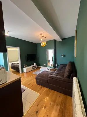 a living room with a brown couch and green walls at Apartment A2, Center, Belgrade in Belgrade