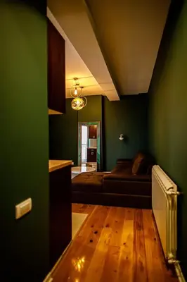 a living room with a bed and green walls at Apartment A2, Center, Belgrade in Belgrade