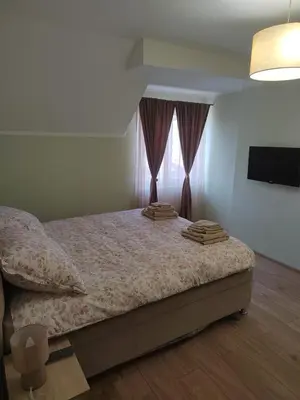 a bedroom with a bed with a television and a window at Apartman Anđela in Jakovo