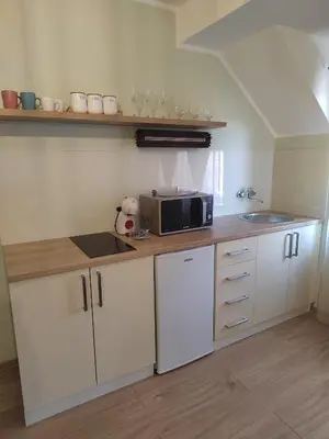 a kitchen with white cabinets and a microwave on a counter at Apartman Anđela in Jakovo