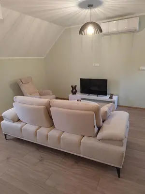 a living room with a white couch and a tv at Apartman Anđela in Jakovo