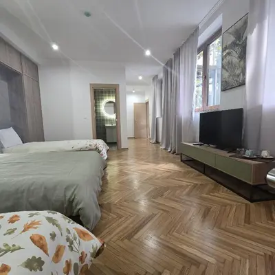 a bedroom with two beds and a flat screen tv at Fera in Belgrade