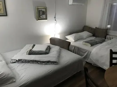a room with two beds and a couch in it at Near Highway free parking apartment in Rakovica
