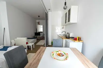 a kitchen and a table with a plate on it at Paun Apartmani in Smederevo