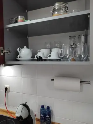 a kitchen with a shelf with dishes and glasses at Apartman Ingrid in Belgrade