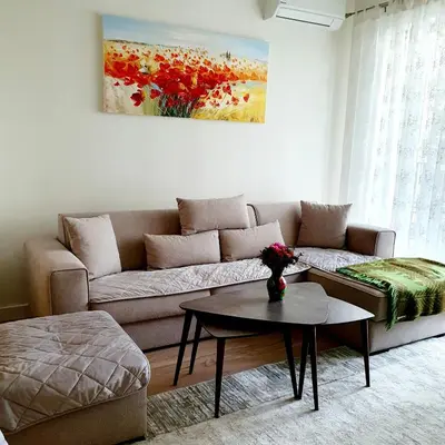a living room with a couch and a table at Delux Simfonija Belgrade Waterfront in Sajmište