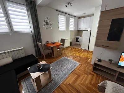 a living room with a couch and a table at Altina Gottfried Studio in Novi Grad