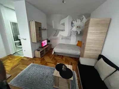 a small living room with a bed and a couch at Altina Gottfried Studio in Novi Grad