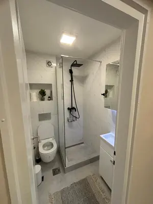 a bathroom with a shower and a toilet in it at Mina 2 in Belgrade