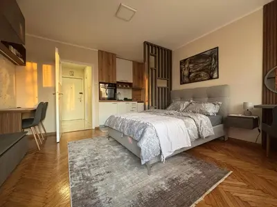 a large bedroom with a bed and a kitchen at Mina 2 in Belgrade