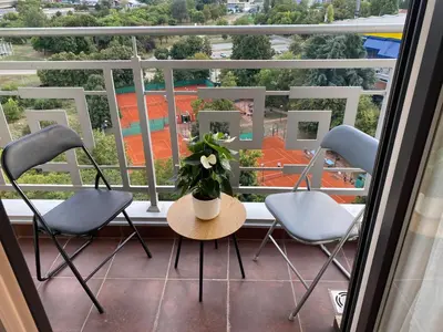 a balcony with chairs and a table with a plant on it at Green Residence in Belgrade