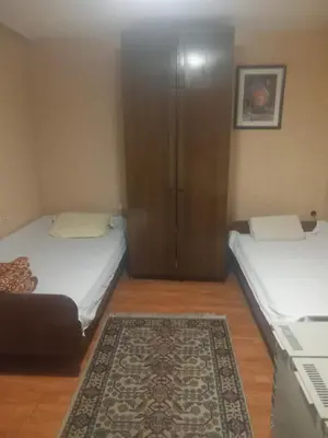 a room with two beds and a cabinet and a rug at Nina Lili in Mirijevo
