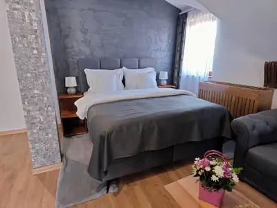 a bedroom with a large bed and a couch at Green Land Club in Novi Banovci