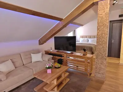 a living room with a couch and a bed at Green Land Club in Novi Banovci