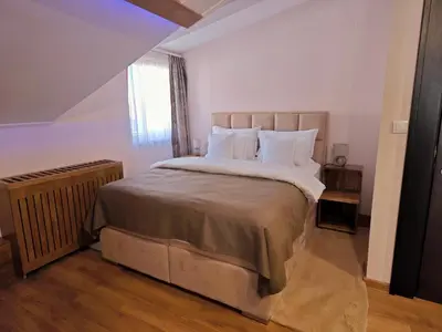 a bedroom with a large bed and a window at Green Land Club in Novi Banovci