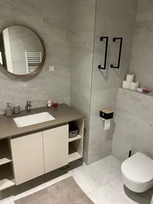 a bathroom with a sink and a toilet and a mirror at Aurora 011 in Sajmište
