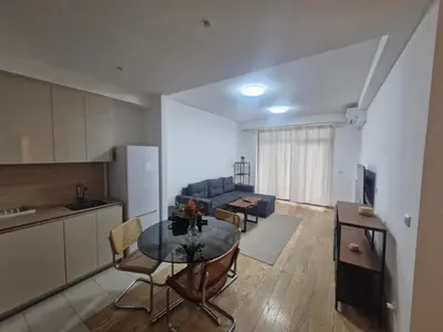 a kitchen and a living room with a table in a room at Aurora 011 in Sajmište