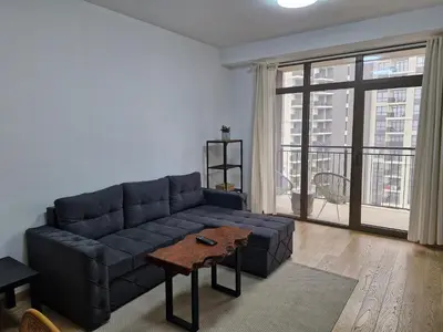 a living room with a couch and a table at Aurora 011 in Sajmište