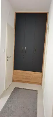 a room with a closet with black doors and a rug at Apartman Resavska in Belgrade