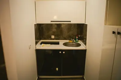a small kitchen with a sink and a counter at Lina Apartments in Belgrade