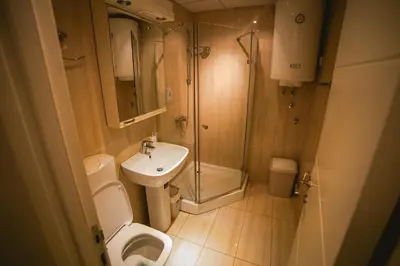 a bathroom with a toilet and a sink and a shower at Lina Apartments in Belgrade