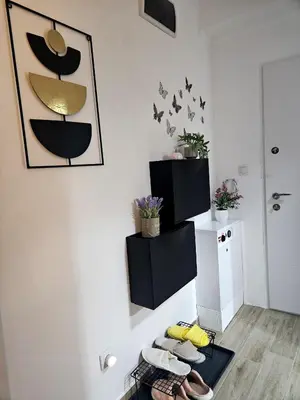 a living room with a white wall with black accents at Apartman Gaga in Batajnica