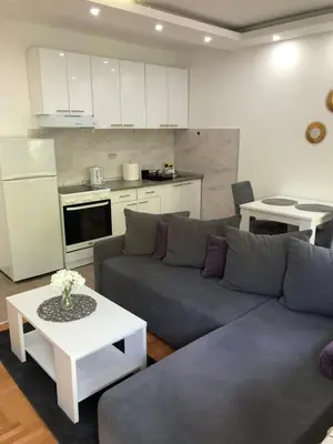 a living room with a couch and a table and a kitchen at Nele in Bežanija