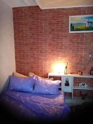 a bed in a room with a brick wall at Jakovljević Apartment in Belgrade