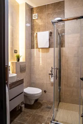 a bathroom with a toilet and a glass shower at Apartman ISKRA - Velvet in Arandjelovac