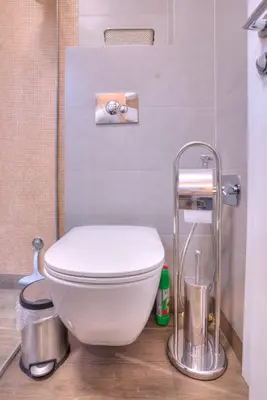 a bathroom with a white toilet in a room at Peaceful Downtown Home in Vračar (historical)