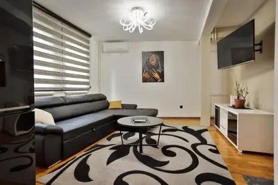 a living room with a black couch and a table at Malisic apartmani Vračar in Vračar (historical)