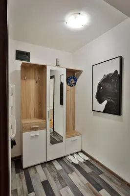 a bathroom with a mirror and a dog on the wall at Malisic apartmani Vračar in Vračar (historical)