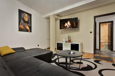 a living room with a black couch and a table at Malisic apartmani Vračar in Vračar (historical)