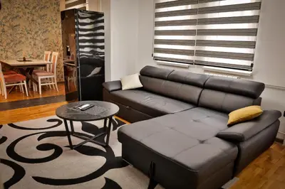 a living room with a leather couch and a table at Malisic apartmani Vračar in Vračar (historical)