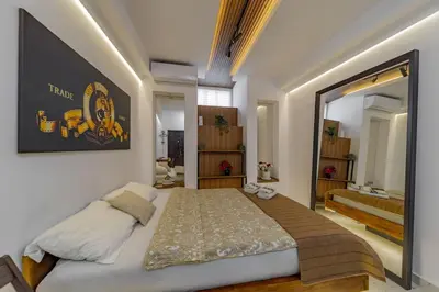 a bedroom with a large bed with a large mirror at Keti Zemun Spa Apartment in Zemun
