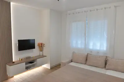 a living room with a couch and a flat screen tv at Andjela Apartments in Inđija
