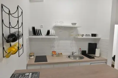 a kitchen with a sink and a counter top at Andjela Apartments in Inđija
