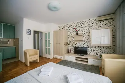 a living room with a bed and a television at Apartment Stela in Belgrade