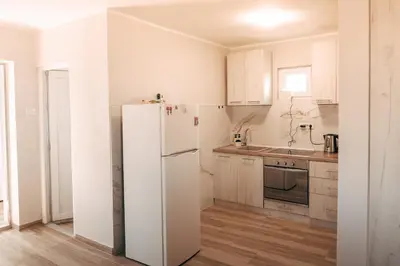 a white refrigerator in a kitchen with wooden floors at Ranč Elena in Ruma