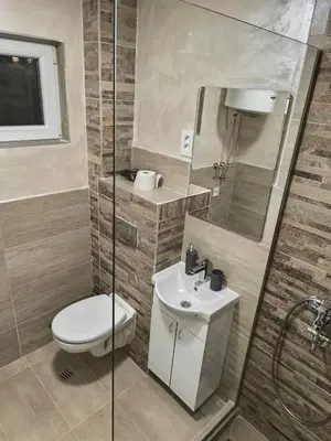 a bathroom with a toilet and a sink and a shower at Apartman Bika in Surčin