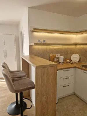a kitchen with a counter and a chair in it at Apartman Bika in Surčin